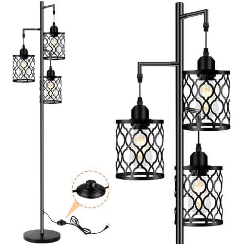 Industrial Floor Lamp, Metal Farmhouse Floor Lamp for Living Room, Rustic Standing Tall Lamps with 3 Elegant Cage Heads, Tree Floor Lamps for Bedrooms, Home Office, Bar, 68", Black, Bulb Not Included