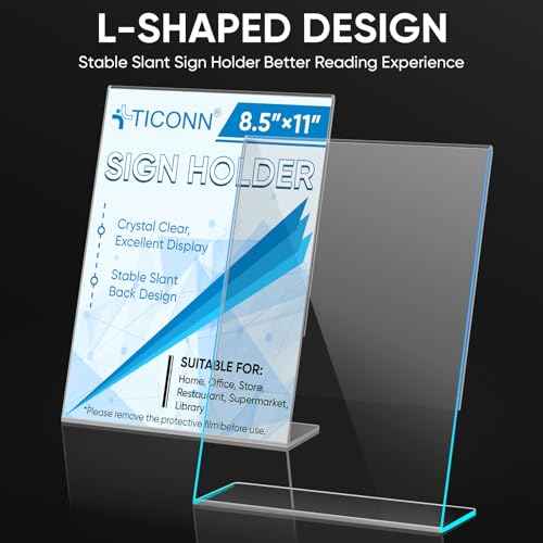 TICONN 8.5 x 11 Acrylic Sign Holder, L Shape Clear Sign Stand for Displaying, Plastic Paper Holder for Office, Store, Restaurant (Vertical 12 Pack)