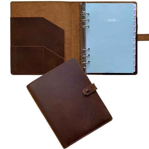2026 Leather Planner - A5 Genuine Leather 6-Ring Binder Planner with Weekly & Monthly Pages for Men and Women, Inner Pockets and Pen Holder, Refillable