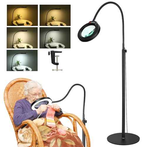 8X Magnifying Glass with Light and Stand, Krstlv 24" Flexible Gooseneck Magnifying Floor Lamp, 3-in-1 LED 5 Color Modes Stepless Dimmable Lighted Magnifier Hands Free for Close Work, Hobby, Esthetican