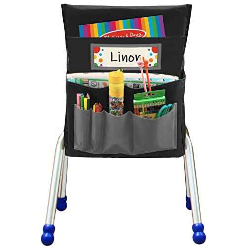 Black Chair Back Pocket School Seat Chair Storage Pocket Organizer with Label Slot Multiple Pockets for School Home Classroom Preschool Daycare