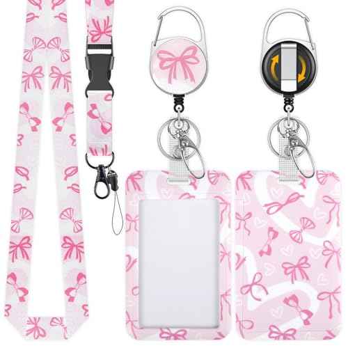 Uniclife Fashionable Sliding Badge Holder Bowknot Pattern Plastic Card Holder with Retractable Badge Reel Carabiner & Detachable Lanyard Vertical Card Protector for Office Worker Teacher Student
