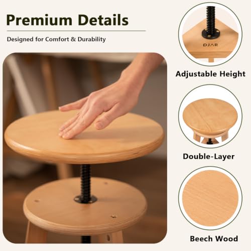 DJAR Adjustable Wooden Drafting Stool with 12" Seat | Natural Beech Wood