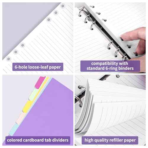 A5 Refill Paper Planner Inserts, 6-Hole Loose Leaf Paper, College Ruled Loose Leaf with Binder Dividers, Punched Notebook Refills for 6-Ring Refillable Binder, 240 Pages, White