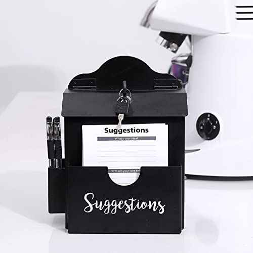 MyGift Classic Matte Black Metal Suggestion Box with Cursive Suggestions Lettering, Wall Mounted or Tabletop Comment Box with Lock, Keys, Paper Sheet and Pen Holder Slots