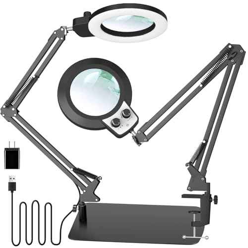 KIRKAS 12X Magnifying Glass with Light and Stand, 2-in-1 Any Color Modes & Stepless Brightness Magnifying Desk Lamp with Clamp, LED Magnifier with Light for Crafts Jewelry Painting Sewing Close Work