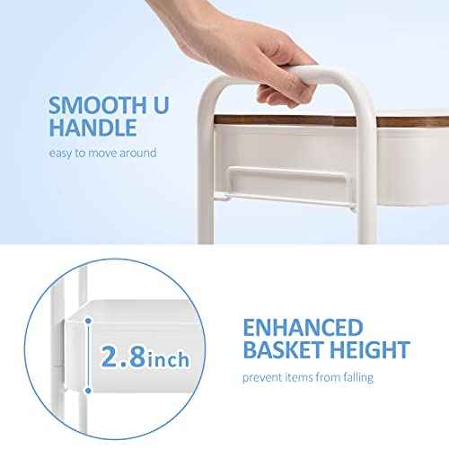 TOOLF 3-Tier Rolling Cart with Table Top, Metal Storage Cart on Wheels, Utility Organizer with Wooden Tray, Lockable Casters, Easy Assembly for Bathroom, Living Room, Office, Kitchen, White
