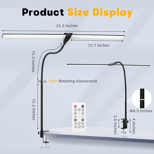 LED Desk Lamp for Home Office, 50 Brightness & Temperature Modes, Eye Protection, Dual Head Dimmable Table Light, 360¡Æ Adjustable Gooseneck with Clamp Remote Control, 90% Energy Saving (Black)