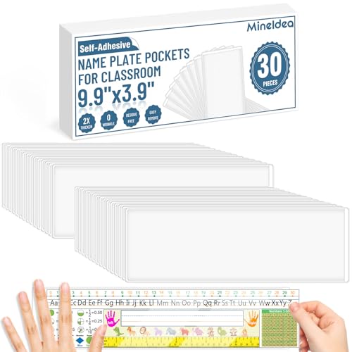 30 Pcs Self-Adhesive Nameplate Pockets 9.9 x 3.9 Inches Thick PVC Clear Desk Name Tag Holders for Classroom & Office