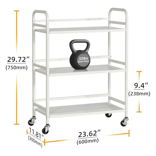 HDANI 3 Tier Metal Utility Multipurpose Rolling Cart,Large Capacity Heavy Duty Rolling Cart with 2 Lockable Wheels for Home,Office,Kitchen,Bathroom,Bedroom,White