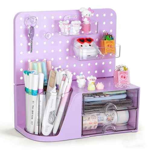Purple Comix Desk Organizer with 2 Drawers & 360° Rotating Pen Holder
