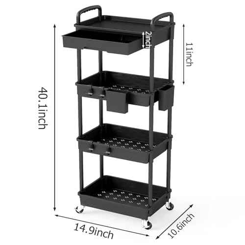 4 Tier Rolling Utility Cart with Drawer, Plastic Storage Organizer Rolling Carts with Wheels Handles Hanging Cups Hooks for Office, Bathroom, Kitchen,Craft Art Room (Black)
