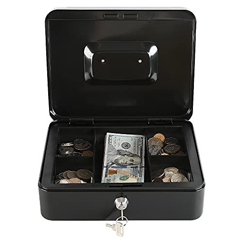 xydled Black Metal Cash Box with Key Lock, Medium Secure Storage for Coins & Bills
