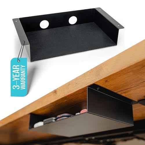 Under Desk Storage Shelf - Carbon Steel Under Desk Tray with Cable Management, Mountable Add-On Shelf for Table & Office Desks (13" x 8" x 2.8")