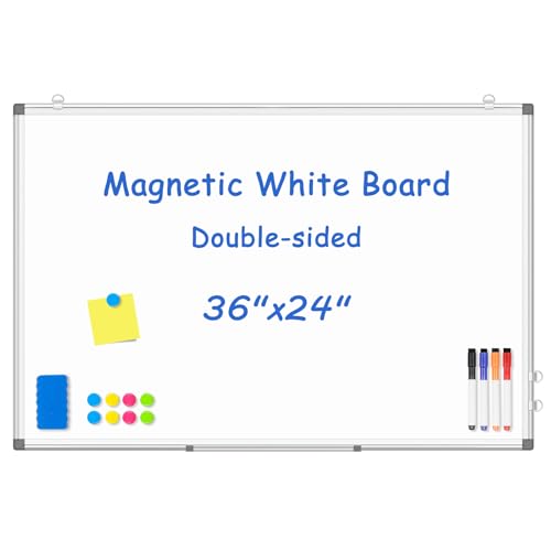WALGLASS Magnetic White Board, 36" x 24" Double-Sides Dry Erase White Board for Wall, Hanging or Mounted Whiteboard, Horizontal or Vertical, Silver Aluminium Frame, Home, School, Office, Kitchen