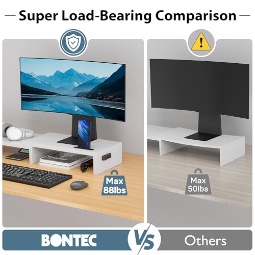 BONTEC White Dual Monitor Stand Riser, Adjustable 42.5 In Length, Swivel & Storage