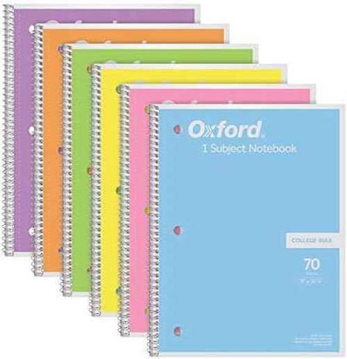 Oxford Spiral Notebook, 1 Subject, College Ruled Paper, 8 x 10-1/2 Inch, Pastel Pink, Orange, Yellow, Green, Blue and Purple, 70 Sheets (63756)(Pack of 48)