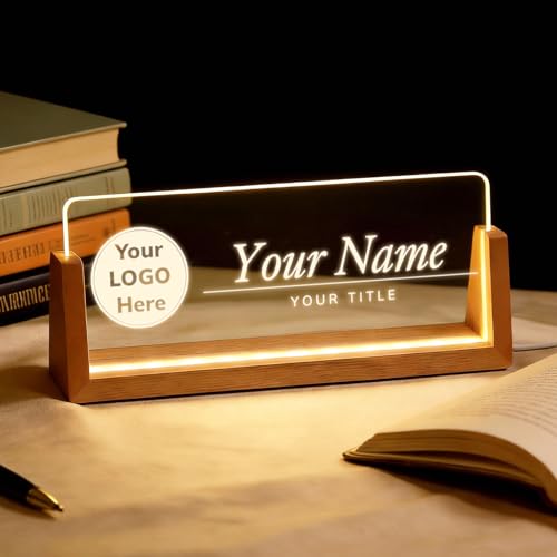 Personalized Light Up Acrylic Desk Name Plate with Walnut Base - LOGO Edition