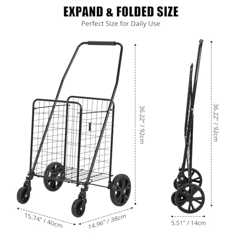 Utility Cart with Wheels to Be Used for Shopping, Grocery, Luggage, Picnic, Folding Shopping Cart with 22 Gallon Large Basket, 360¡Æ Swivel Wheels, 110 LBS Large Capacity, Black