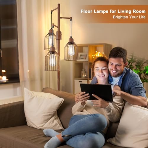Dimmable Floor Lamp for Living Room, Farmhouse Floor Lamps with Elegant Hanging Cage, 3 x LED Edison Bulbs Included, 68.5" Industrial Standing Light for Bedroom Office Home Decor (Wood)