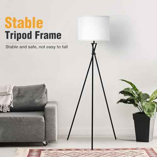 Floor Lamp for Living Room, 61'' Modern Tripod Floor Lamps with White Shade & Rotary Switch, Black Floor lamp for Bedroom, Office, Simple Design Lamp