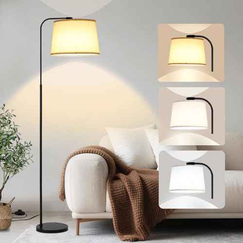 Arc Floor Lamps for Living Room, Modern Floor Lamp for Bedroom, Foot Pedal Control Standing Lamps with Adjustable Linen Lampshade, Tall Lamp with 9W Bulb for Office Reading Room Nursery (Black)