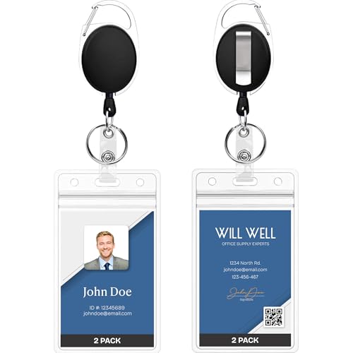 Will Well Heavy Duty Retractable ID Badge Holder 2 Pack Vertical Black