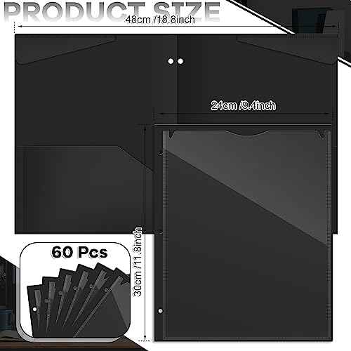 Henoyso 60 Pcs 2 Pocket Plastic Folders with Clear Front Pocket 3 Hole Punched File Folder Letter Size Take Home Documents Holder for Paper Holder Office Business Back to School Supply (Black)