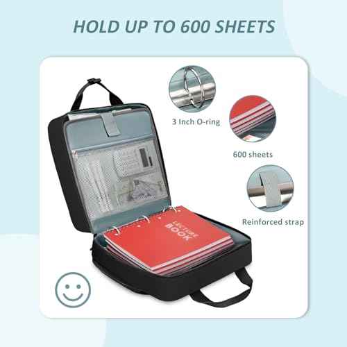 Ytonet Zipper Binder with Shoulder Strap, 3 Inch 3 Ring Binder with Zipper, 600 Sheets Large Capacity Waterproof School Binders Organizer for Son Boys Girls Students Fit 15.6 Inch Laptop, Black