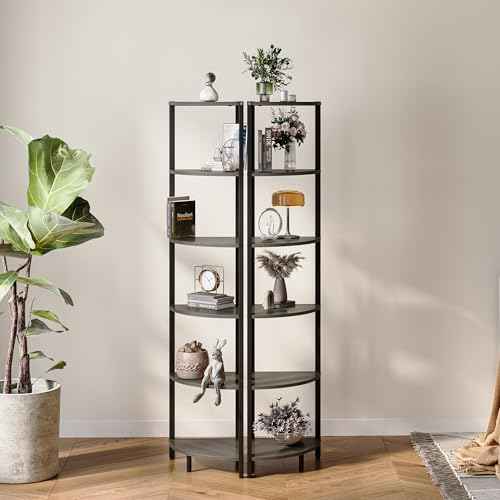 6 Tier Corner Shelf 63.1" Tall Corner Shelves Stand Ladder Shelf Grey Woodgrain Industrial Standing Bookshelf Organizer Display Rack Bookcase Plant Stand for Living Room Bedroom CS-001GW