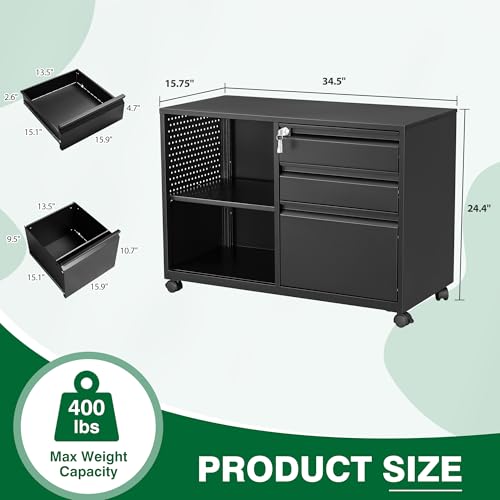 LISSIMO 3-Drawer File Cabinet with Lock, Mobile Lateral Filing Cabinet 34.5W x 24.4H x 15.8D (Black)