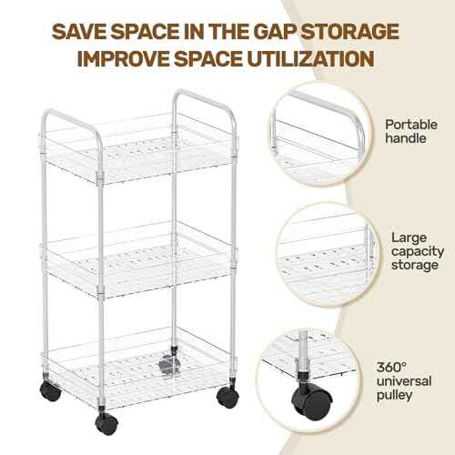 Betoveren 3 Tier Utility Rolling Cart with Wheels Multifunctional Storage Cart Clear Movable Storage Organizer with Handle and Hooks for Home Kitchen Office Bathroom Organization Transparent