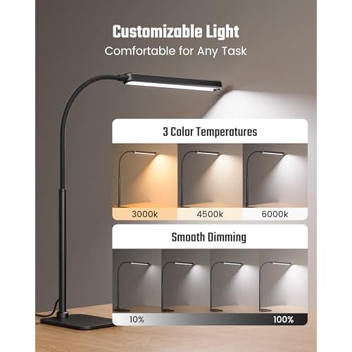 SUPERDANNY Eye-Caring LED Desk Lamp with Base 360¡Æ Flexible Gooseneck Work Lamp Touch Control 3 Light Colors Smooth Dimming Task Lighting Reading Light for Home Office College Dorm, Black
