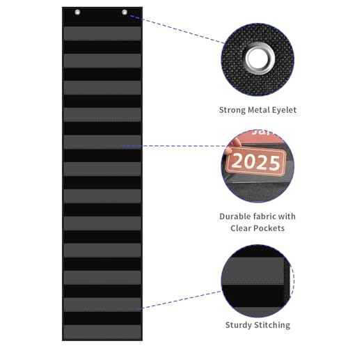 10¡±W x 48.25¡±H Classroom Words Pocket Chart with 12 Clear Pockets, Black Standard Pocket Chart for Classroom and Home for Sentence Strips, Reusable Words Hanging Pocket Chart (Black)