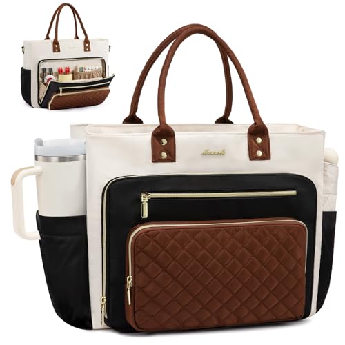 LOVEVOOK Teacher Tote Bag for Women 15.6 Inch Laptop with Cup Holder Black-Beige-Brown