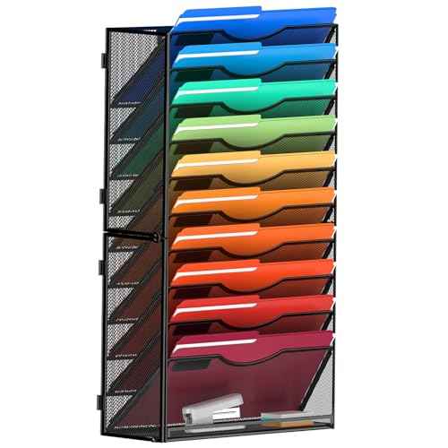 11 Tier Wall File Holder Hanging Wall Mount Paper File Organizer for Mails Folders Document Magazine Organization, for Office School Home, Black