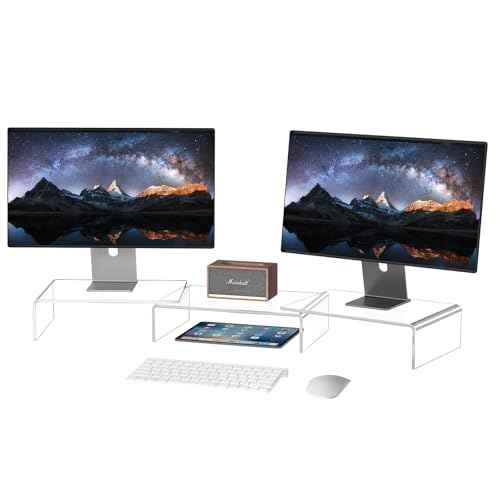 X-cosrack Clear Acrylic Monitor Stand Riser, 3 Shelves Adjustable Dual Monitor Stand with Anti-Slip Mat, Premium Desk Organizer for Home Office, Laptops, PCs, Printers, TVs