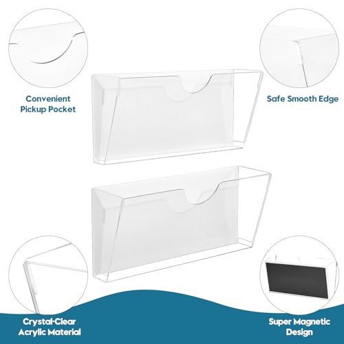 Qozary Clear Acrylic Magnetic File Holder - 2 Pack Magazine Rack for File Cabinets, Magnetic Mail Holder, File Organizer for Refrigerator, White Board, Office (Transparent, Medium)