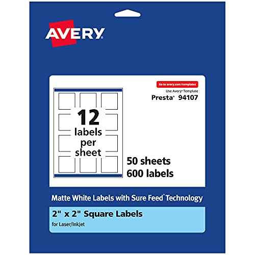 Avery Matte White Square Labels, Sure Feed Technology, 2" x 2", 600 Matte White Printable Labels