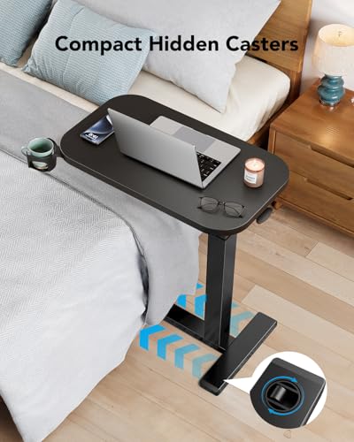 Large 32 Inch HUANUO Black Height-Adjustable Overbed Bedside Table with Wheels and Cup Holder