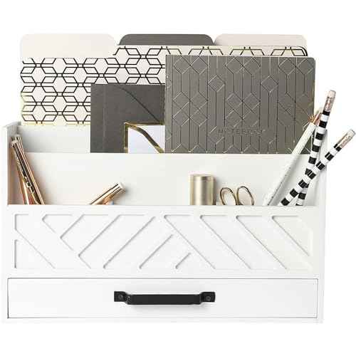 BLU MONACO Mail Organizer Countertop Kitchen ? White Wood Desk Storage with Drawer ? Mail Sorter or Bill Holder for Desk ? Farmhouse Accessories & Mail Basket for Counter
