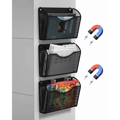 3 Pack 1-Tier Magnetic File Holder - No Drilling Installation File Organizer, Large Capacity Magnetic File Holder for Refrigerator, File Cabinets, Whiteboard, Office, Kitchen