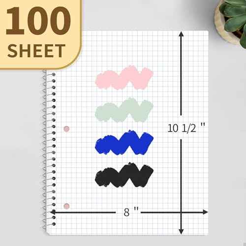 SUNEE Spiral Notebook, 1-Subject, Graph Ruled Paper, 8" x 10-1/2", 100 Sheets per Notebook, 3-Hole Punched Paper, Water Resistant Cover, Spiral Grid Notebooks for Work, Home, School, Writing, Black