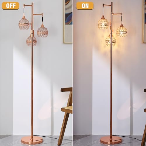 Dimmable Crystal Floor Lamp 3-Light Industrial Floor Lamp for Farmhouse Rose Gold Tree Lamp Standing Lamp with 3 Elegant Crystal lampshades for Living Room Bedroom (Rose Gold)