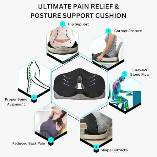 Large Tailbone Pain Relief Cushion, Memory Foam Seat Pillow for Office Chair, Wheelchair, Ergonomic Chair Cushion for Hip Pain, Ideal for Sciatica, Back Pain Relief, Removable & Washable Cover