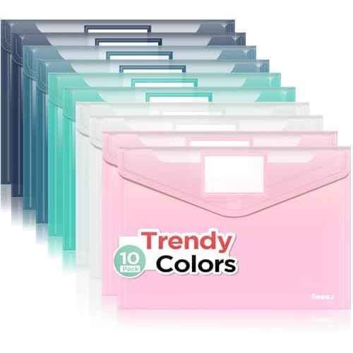 Sooez 10Pack Plastic Envelopes, Plastic File Folders, Clear Folders for Documents Trendy Colors, Super Heavyweight Document Holders, Storage Pouches, File Envelopes for School Office Supplies