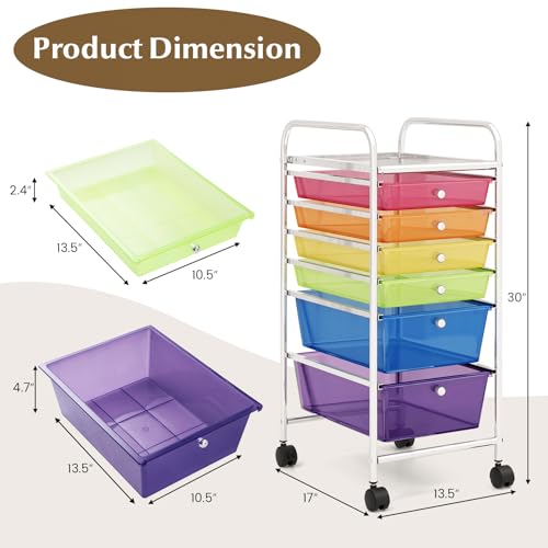Julimoon Rolling Storage Cart with 6 Drawers,Mobile Storage Drawers Organizer, Multipurpose Plastic Utility Cart with Wheels for Home Office School Garage (Rainbow & Clear)¡¦