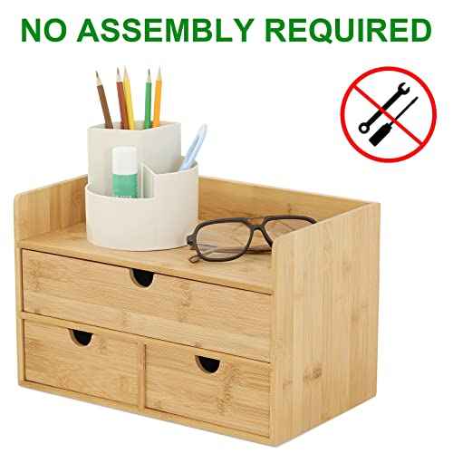 Wisuce Bamboo Desk Organizer, Mini Desktop Drawer Tabletop Storage Organization Box for Office Home Toiletries Supplies Vanity, No Assembly Required (3 Drawer with Shelf)