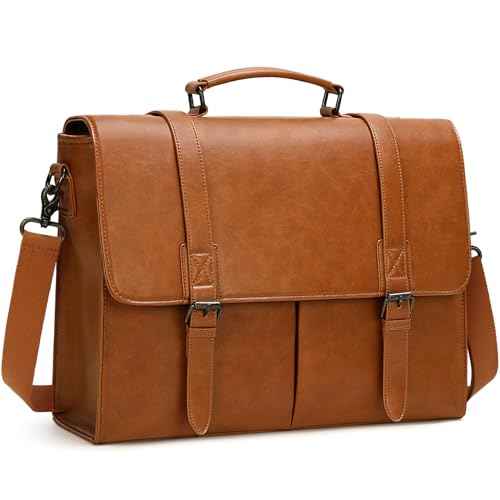 RAINSMORE Messenger Bag for Men 15.6 Inch Vintage Leather Briefcase Waterproof Laptop Bag Large Satchel Shoulder Bag Office Work Business College Computer Bag, Brown