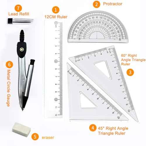 7 PCS Metal Circle Gauge Plus Set of Rulers Geometry Set Math Protractor and Drawing Use